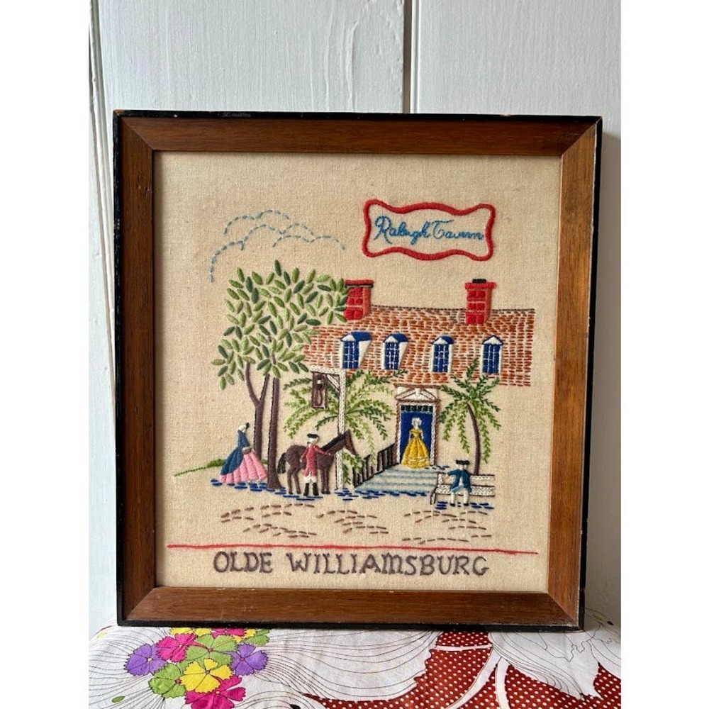 Vintage crewel embroidery framed olde Williamsburg Raleigh tavern impefect
